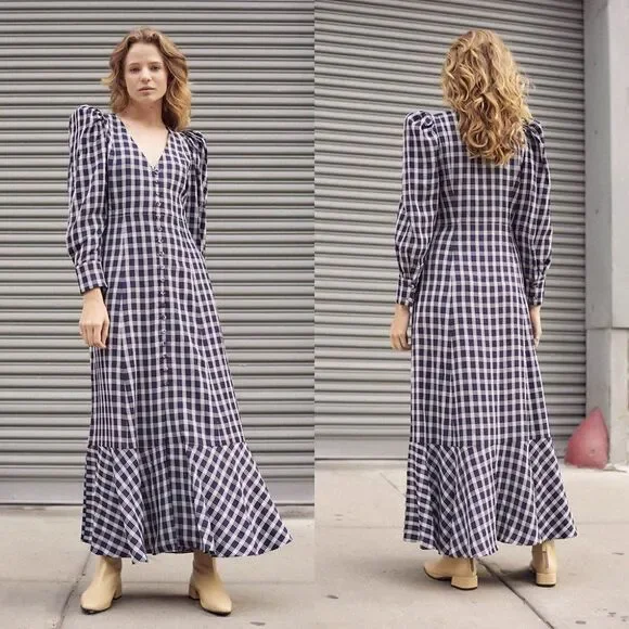 Mr. Larkin navy blue white plaid checkered puff sleeve button down maxi dress - Picture 2 of 7